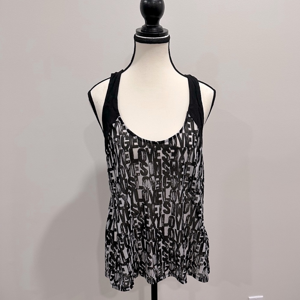 Edgy Black & White Sheer Graphic Racerback Tank by Dynamite